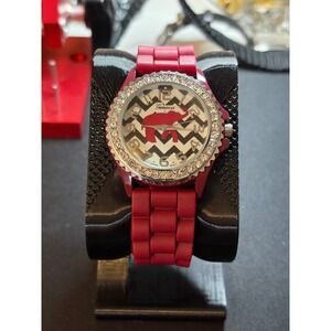 Geneva Alabama Chevron Wristwatch Womens OS Red Rhinestone Silicone